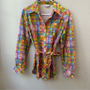 DAVID SMITH vintage multicolored rainbow checkered 70's 80's disco button down